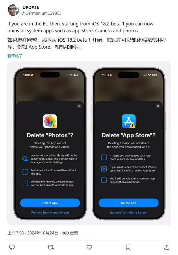 黑河苹果手机维修分享iOS 18.2 支持删除 App Store 应用商店 